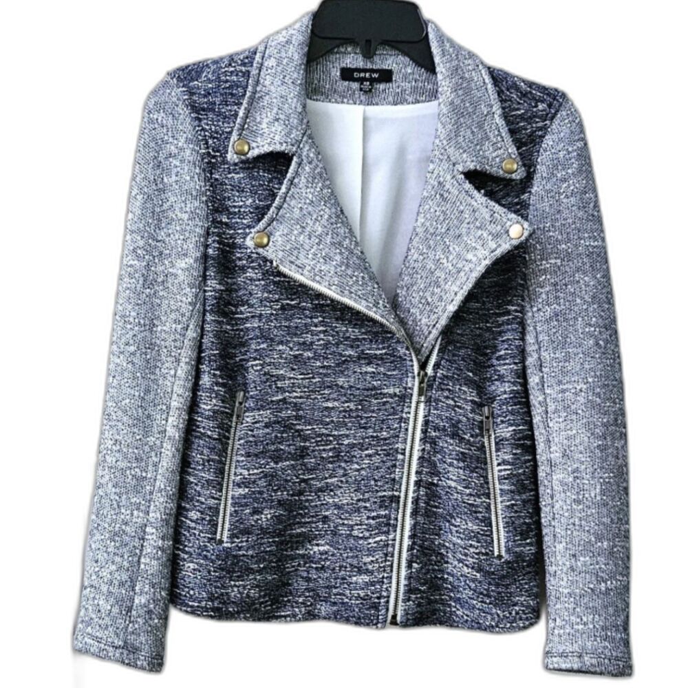 ANTHROPOLOGIE DREW Zip Up Two Tone Blue Gray Marled Cardigan Wool Blend Sweater
